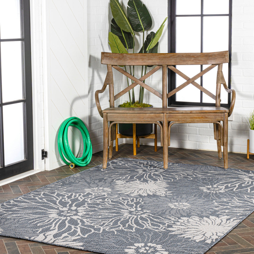 Bahamas Modern All-Over Floral Indoor/Outdoor Area Rug, Navy/Gray, 3x5