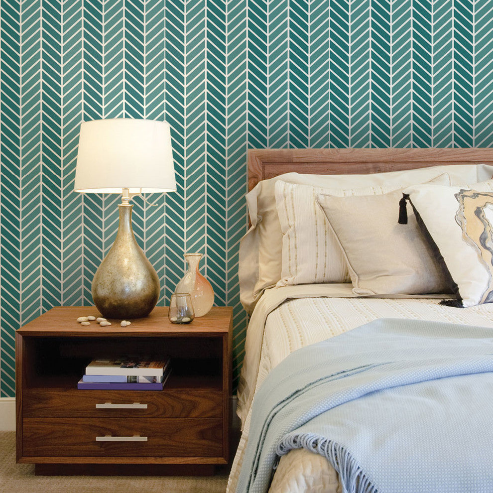 Herringbone Two Tone Peel and Stick Vinyl Wallpaper, Teal, 24"w X 60"h