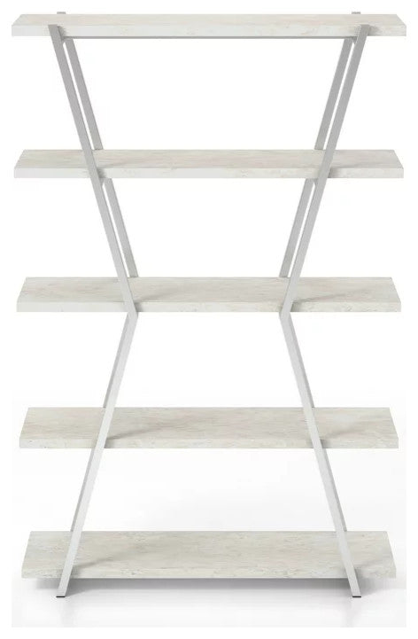 Bookcase, Unique Design With Metal Frame & Open Shelves, Chrome/White Washed