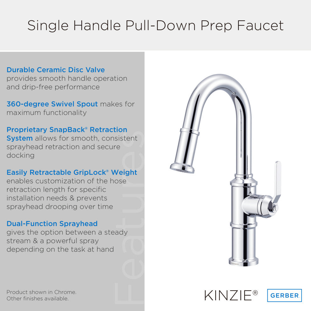 Kinzie Single Handle Pull-Down Prep Faucet, Chrome