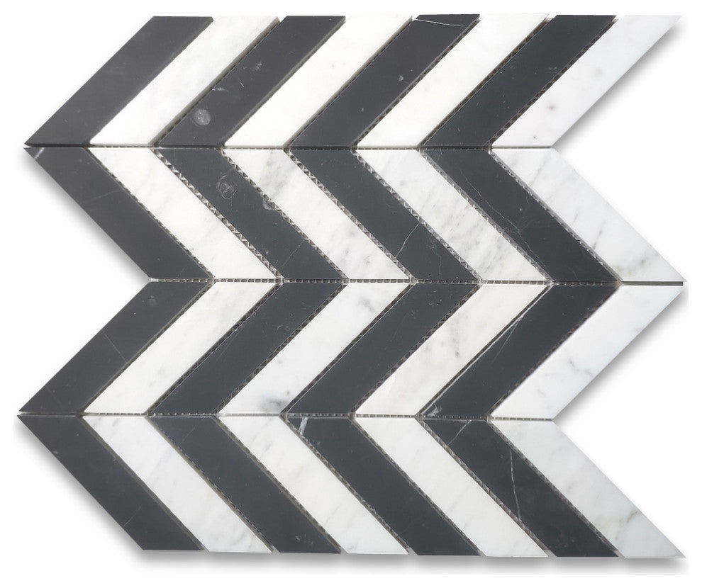 Carrara White Nero Marquina Black Marble 1x4 Chevron Mosaic Tile Honed, 1 sheet