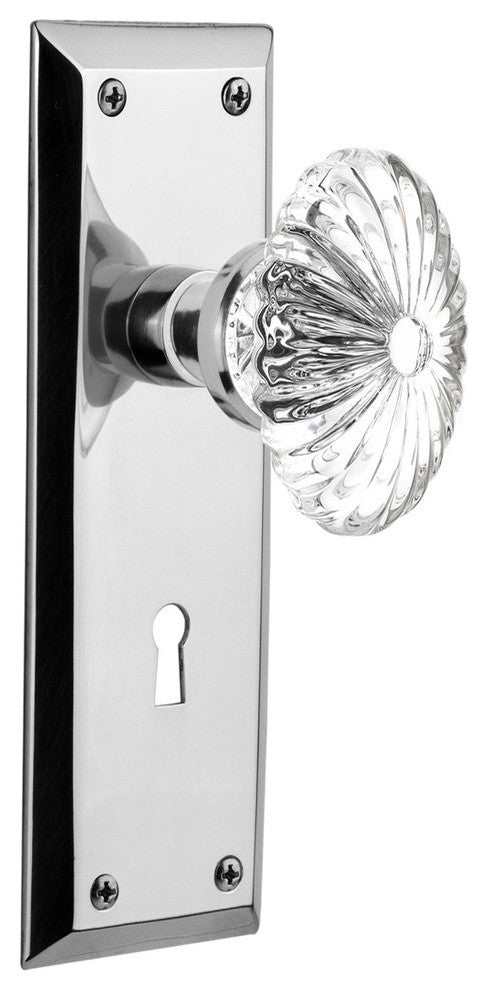 New York Plate Privacy Oval Fluted Crystal Glass Knob, Bright Chrome