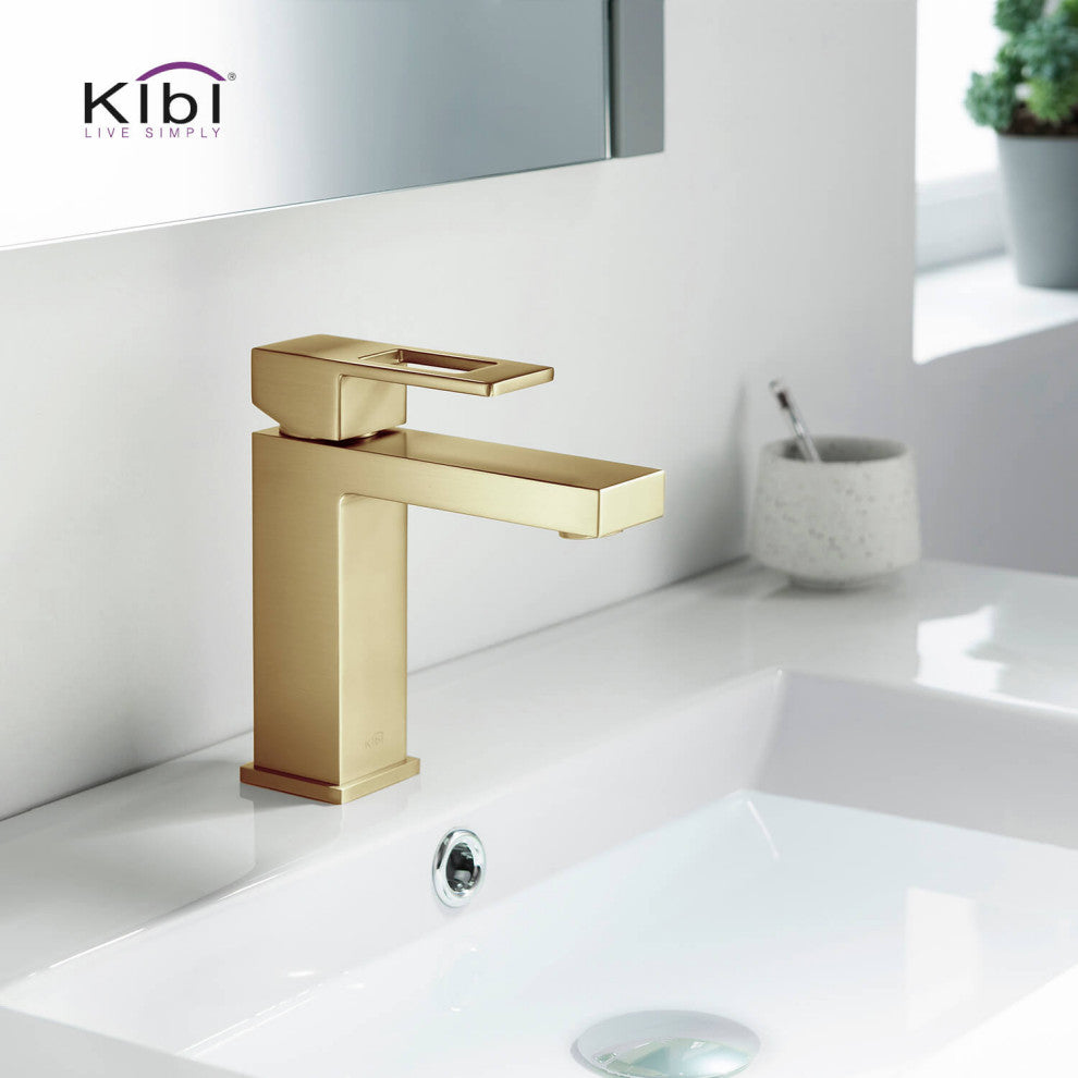 Cubic Single Hole Bathroom Faucet KBF1002, Brush Gold, W/ Drain