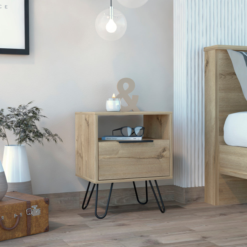 Vienna Contemporary Bedroom Nightstand with Cabinet and Hairpin Legs, Light Oak