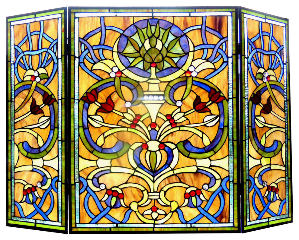 BARDOT, Tiffany-glass Victorian 3pcs Folding Fireplace Screen, 40" Wide