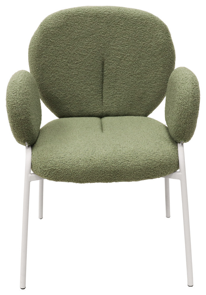 Celestial Boucle Dining Chairs With Arms, White Iron Legs, Green