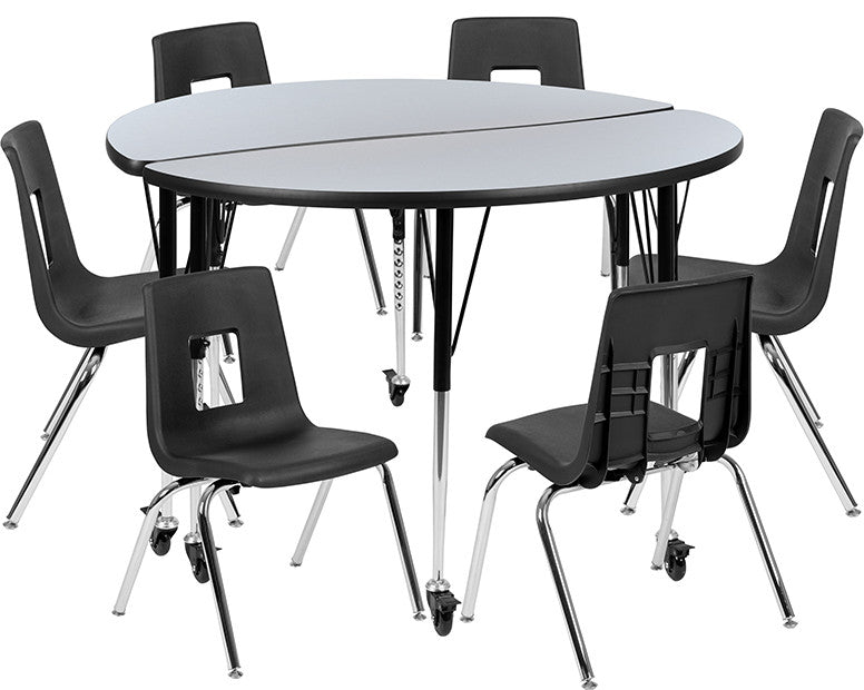 Mobile 47.5" Circle Wave Activity Table Set with 16" Student Stack Chairs, Grey