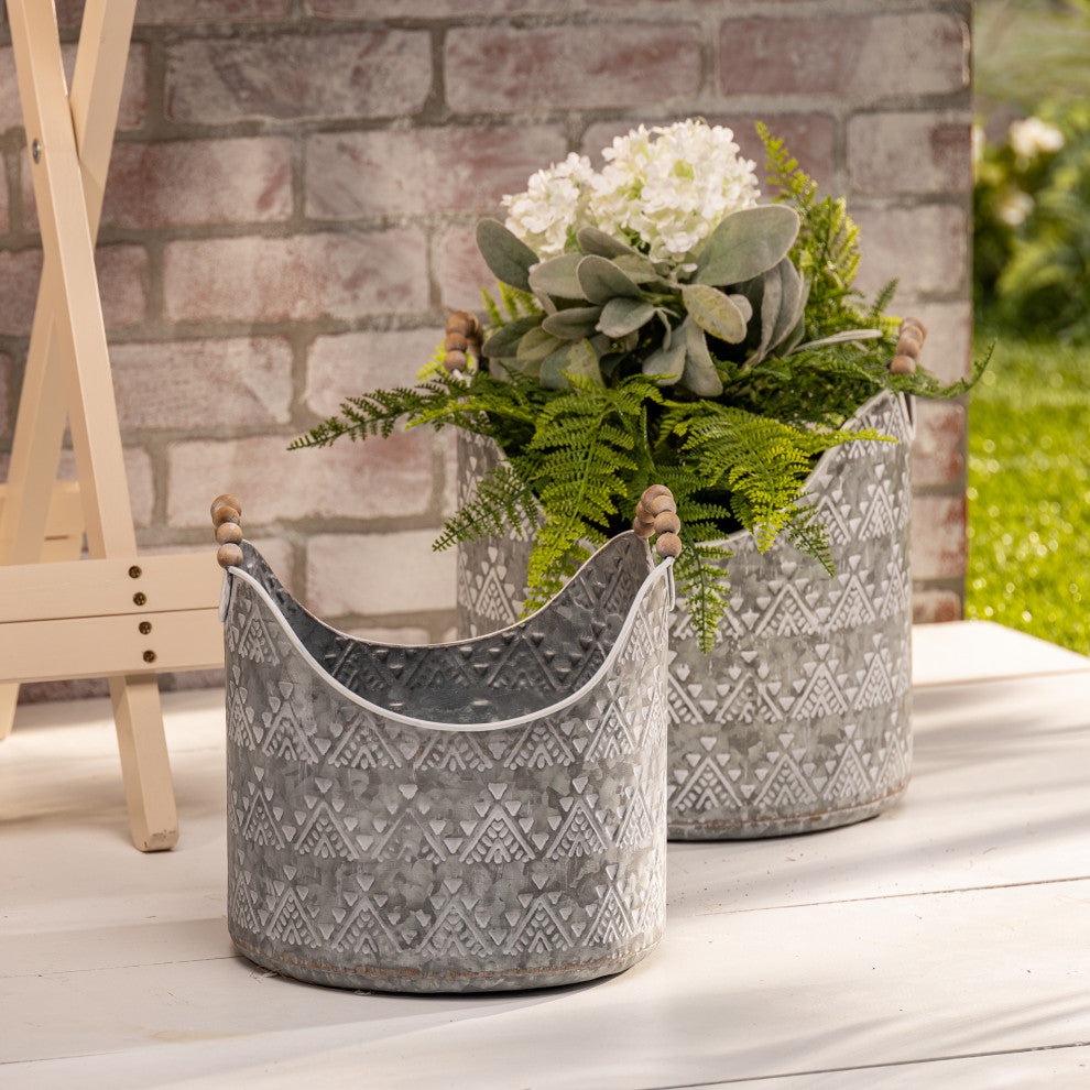 Set of 2, Assorted Metal Buckets, Wood Bead Handles