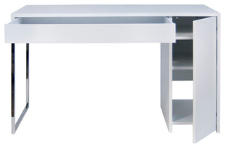 Modern White Small Home Office Desk With Shelves, White/Chrome Leg