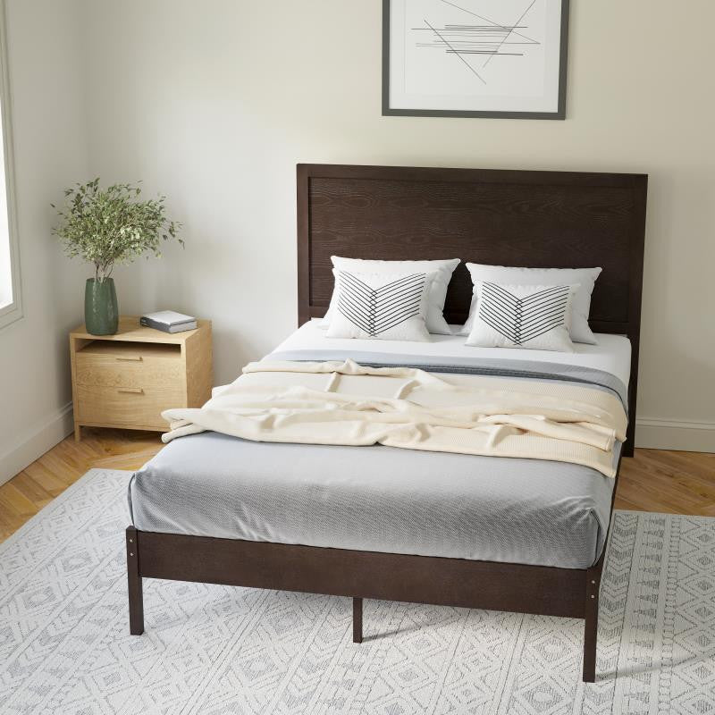 Asher Solid Wood Platform Bed with Wooden Slats and Headboard, Dark Brown, Full