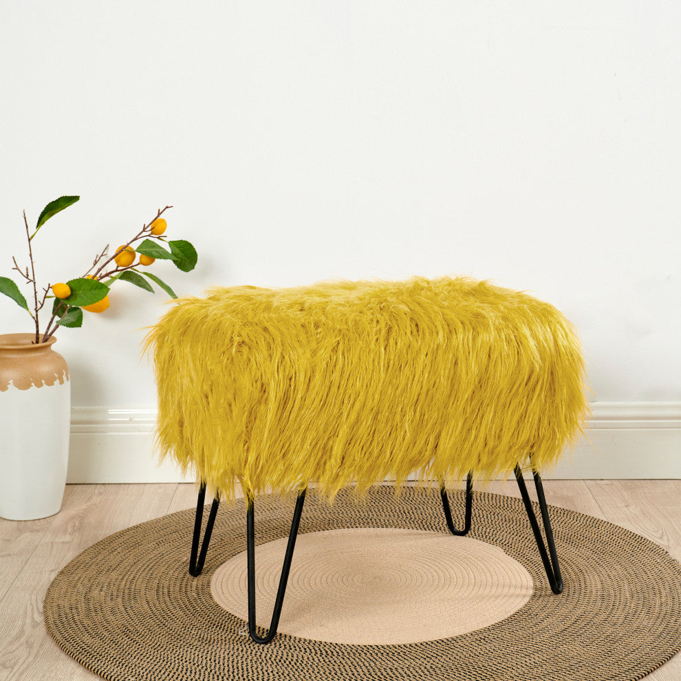 Mongolian Fur Ottoman, Lemon Curry, 19''x13''x17''