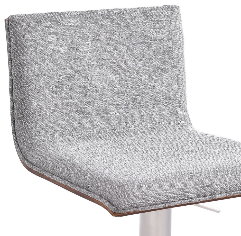 Adjustable Gray Fabric Walnut and Stainless Swivel Bar Stool
