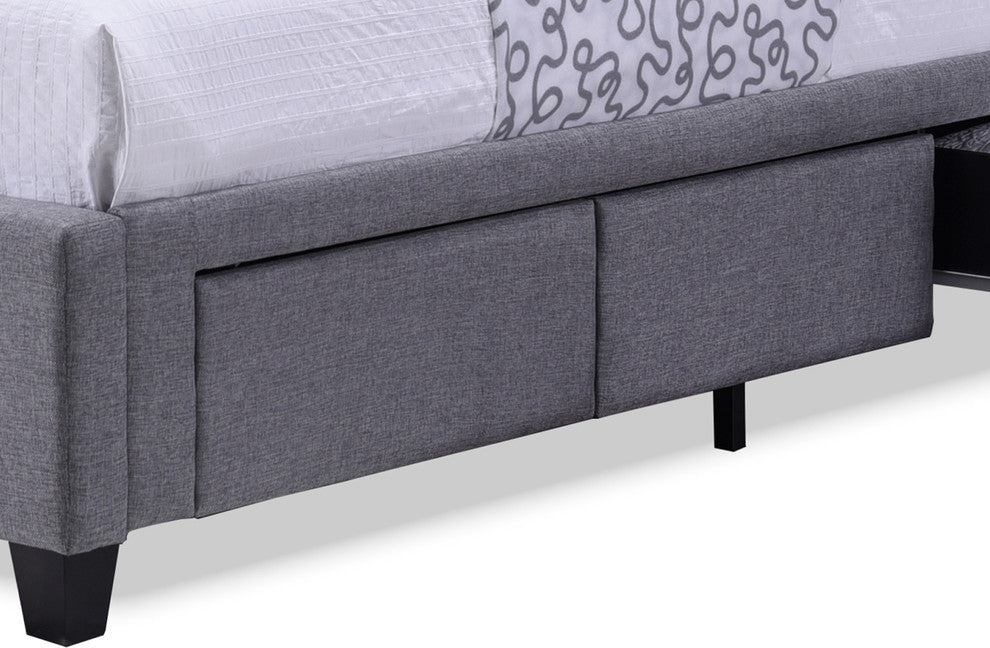 Armeena Gray Linen Modern Storage Bed With Upholstered Headboard, Queen Size