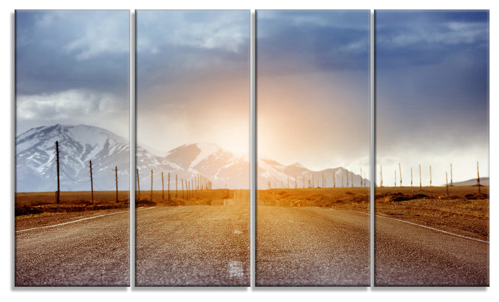Straight Road under Blue Sky, Large Landscape Canvas Art, 48"x28", 4 Panels