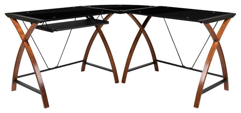 Black Glass L-Shape Corner Computer Desk with Pull-Out Keyboard Tray