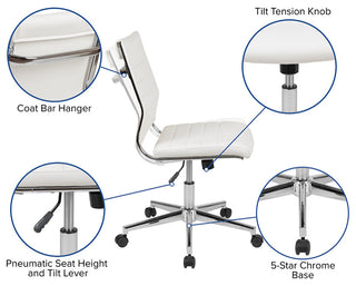 Mid-Back Armless LeatherSoft Ribbed Swivel Office Chair, White