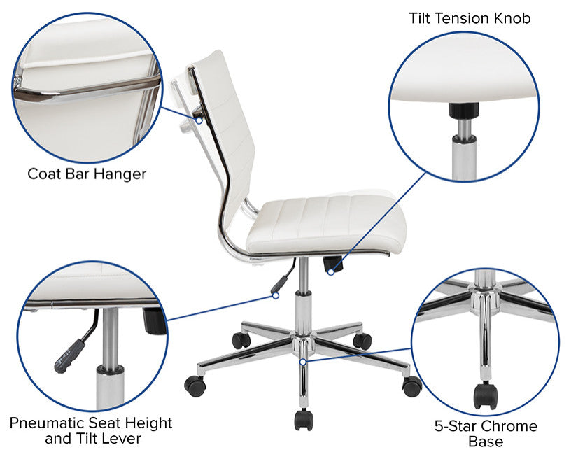Mid-Back Armless LeatherSoft Ribbed Swivel Office Chair, White