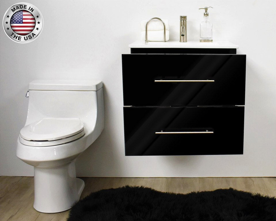 Napa 30" Modern Floating Bathroom Vanity With Ceramic Top and Round Handles, Glossy Black
