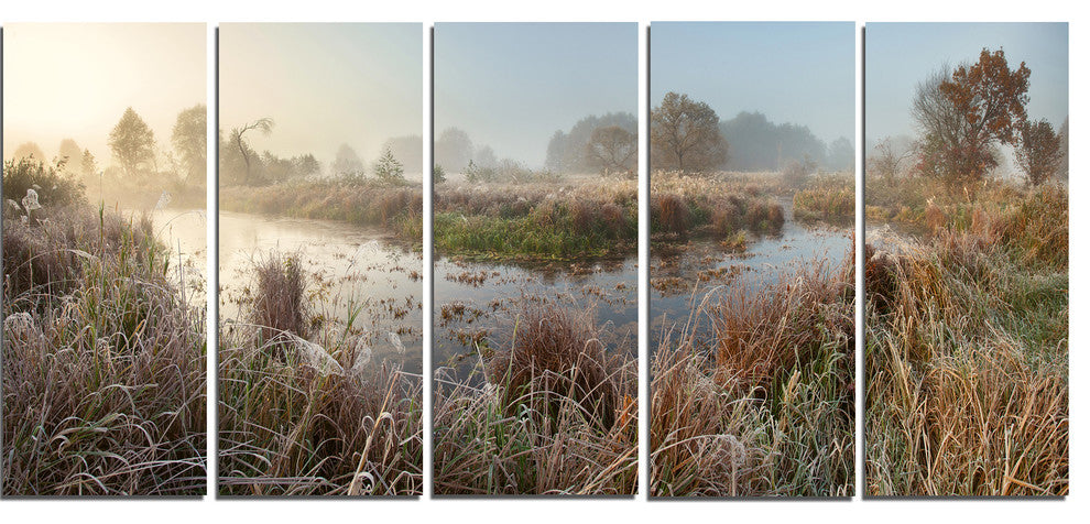 "Frosty Grass Aside River Panorama" Landscape Wall Art, 5 Panels, 60"x28"