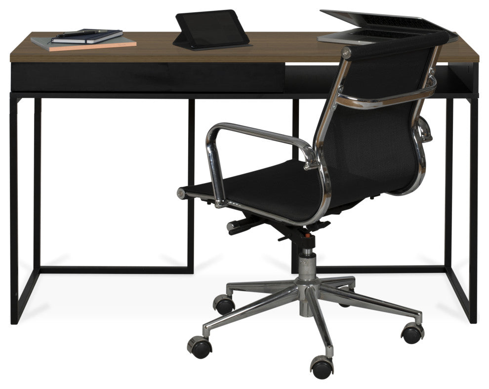Modern Small Home Desk, Walnut, Black Legs