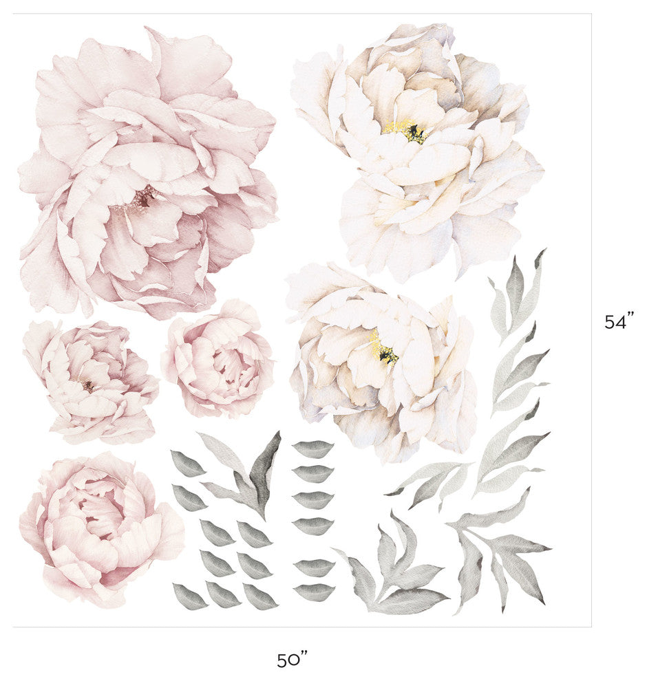 Peony Flowers Vinyl Wall Sticker, Grey Washed Pink