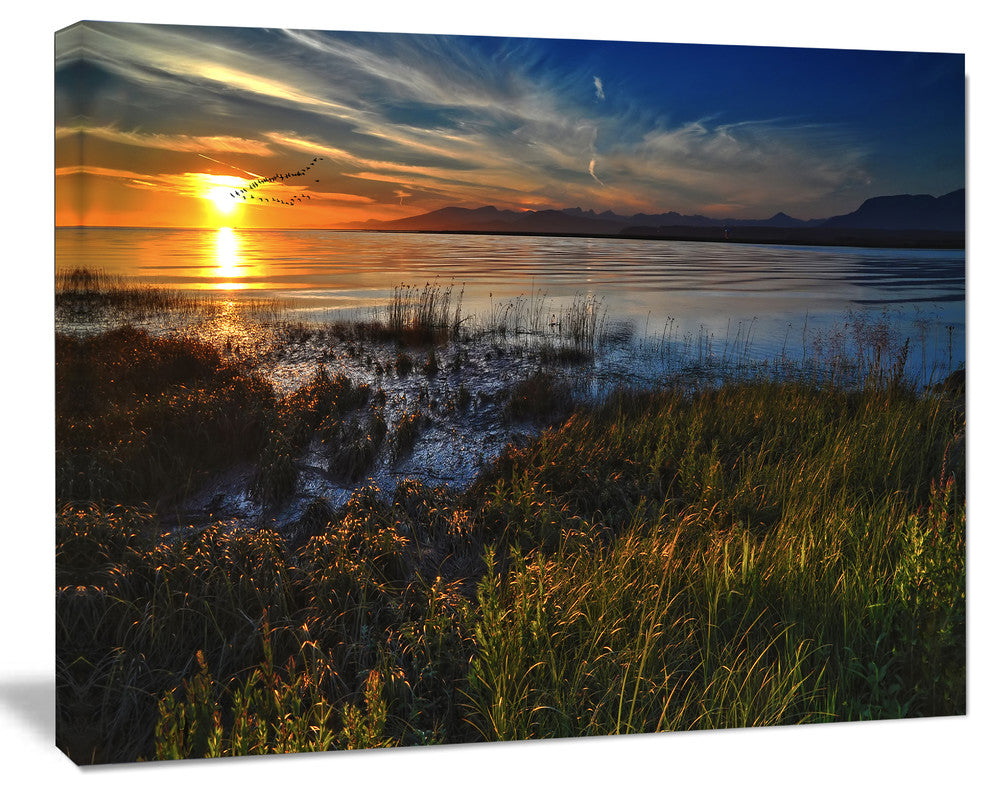 Warm River Sunset With Migrating Geese, Landscape Canvas Art Print, 20"x12"