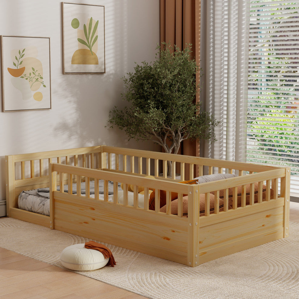Gewnee Twin Floor Bed Frame with Fence