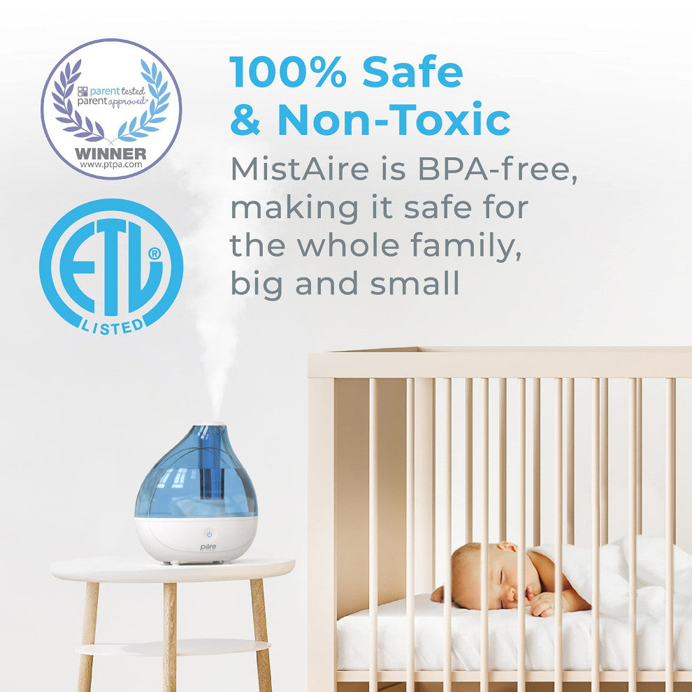 MistAire Studio Ultrasonic Cool Mist Humidifier - Compact Overnight Operation, Mistaire (Large)