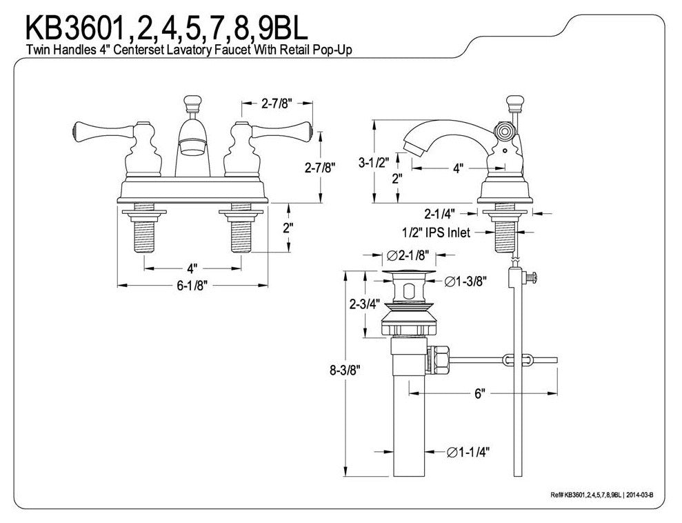 Two Handle 4" Centerset Lavatory Faucet with Retail Pop-up KB3602BL