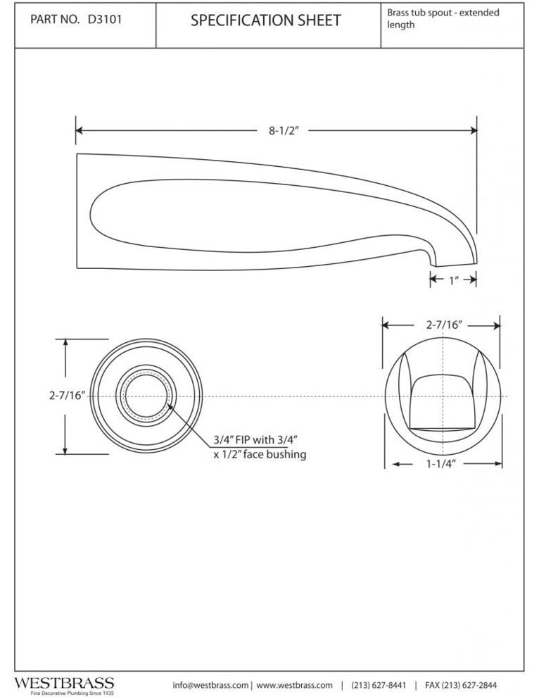 Standard 8.5" Tub Spout, Powder Coated White