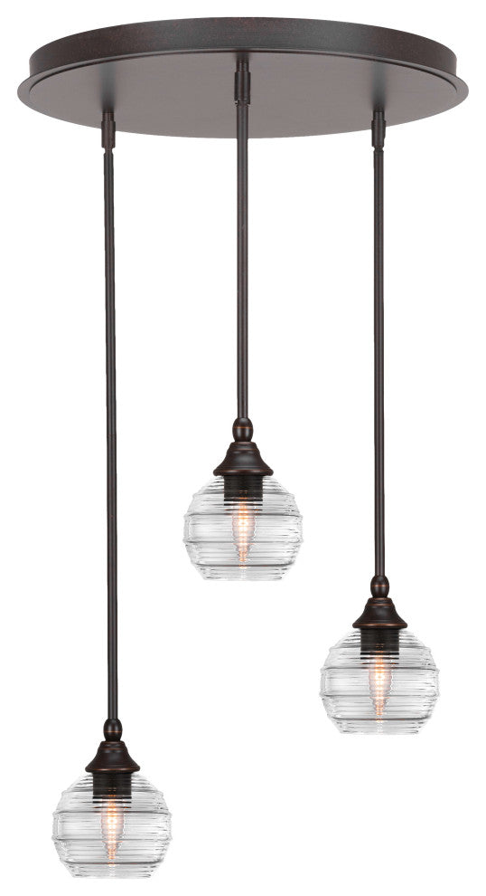Empire 3 Light Cluster Pendalier In Dark Granite Finish With 6" Clear Ribbed