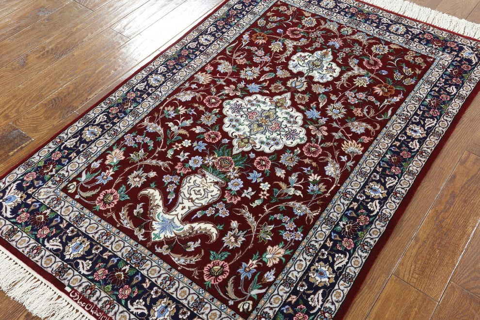 Authentic Persian Isfahan Signed Wool and Silk Hand Knotted Rug, 4'x5'