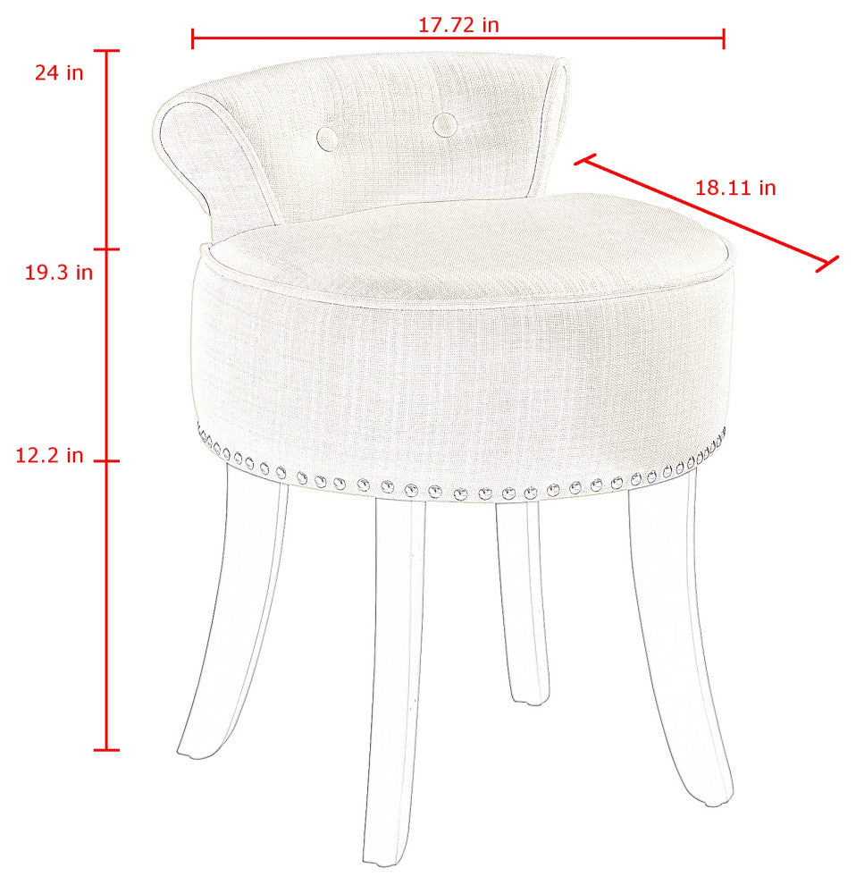 Ludovic Linen Contemporary Nailhead Trim Rolled Back Vanity Stool, Dark Grey