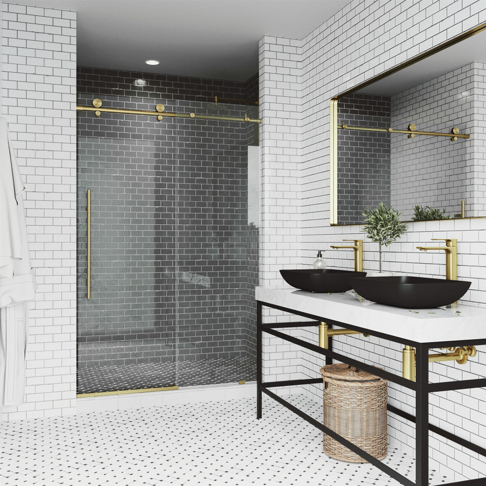 VIGO Elan E-Class 60" to 64" W x 76" H Frameless Sliding Shower Door, Matte Gold, Clear Glass