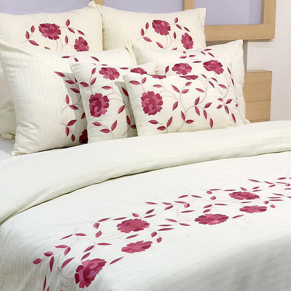 Queen Duvet Cover 8 Pc set in Ivory Self Stripe Cotton with Embroidery
