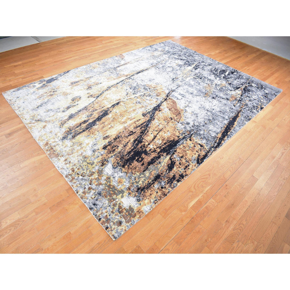 Sea Blue With Brown Fossil Design Wool and Silk Hand Knotted Rug, 10'x14'