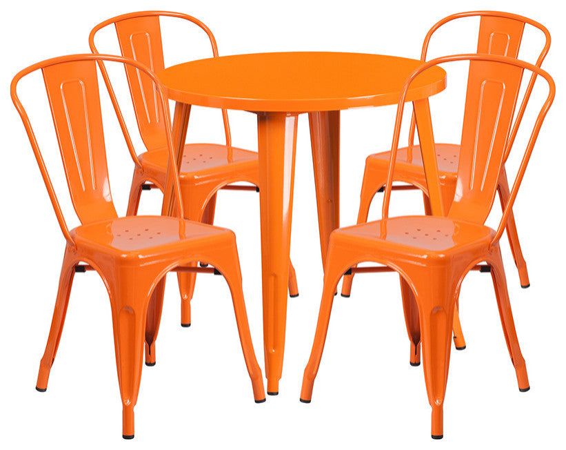 Commercial Grade 30" Round Orange Metal Indoor-Outdoor Table Set, 4 Cafe Chairs