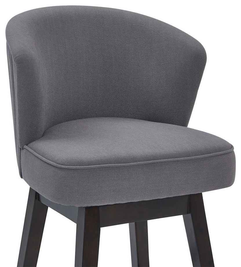 30" Grey Espresso Wood Fabric Swivel Bar Stool