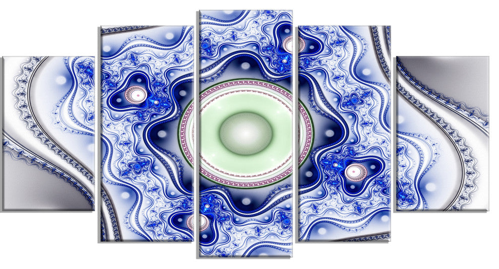 Blue on White Pattern with Circles, Abstract Canvas Wall Art, 60"x32", 5 Panels