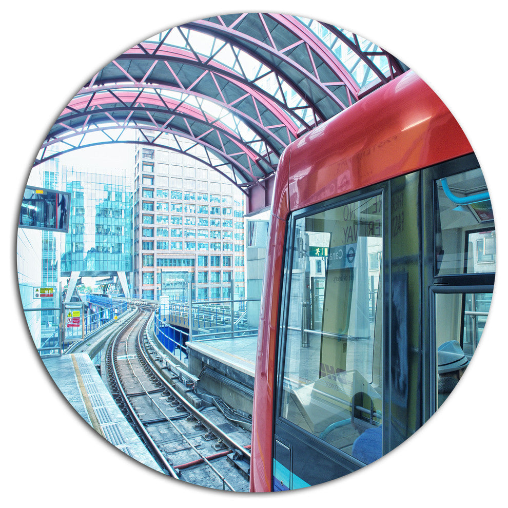 Departing London Subway Train, Cityscape Disc Metal Wall Art, 23"