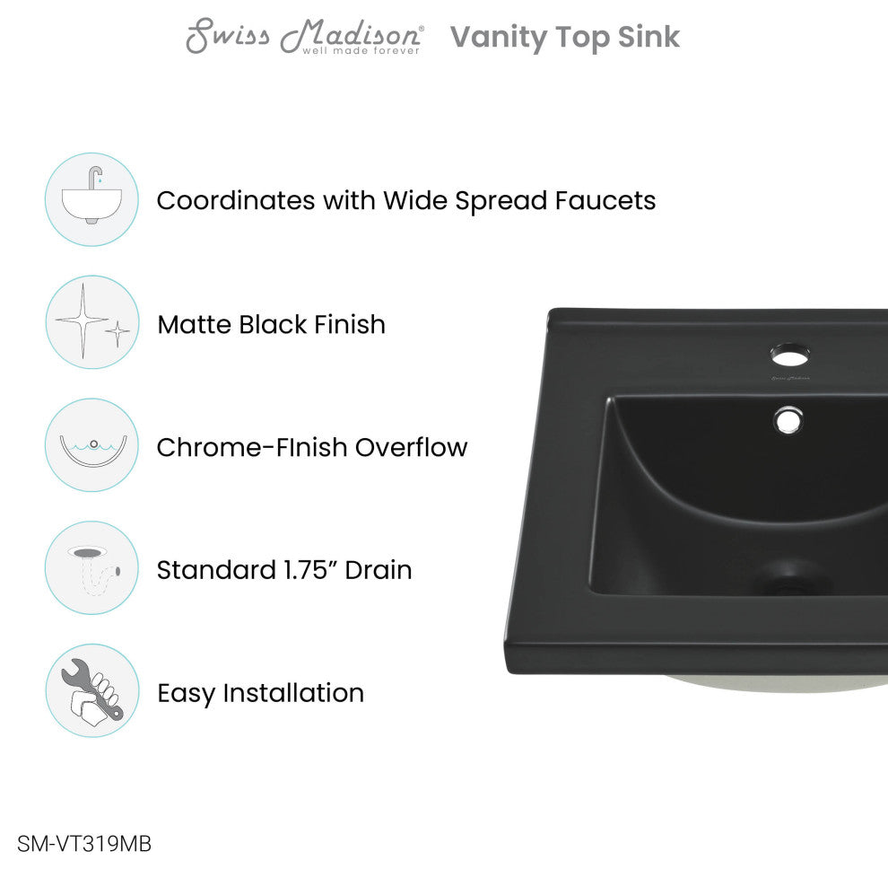 18" Ceramic Square Vanity Sink Top, Matte Black