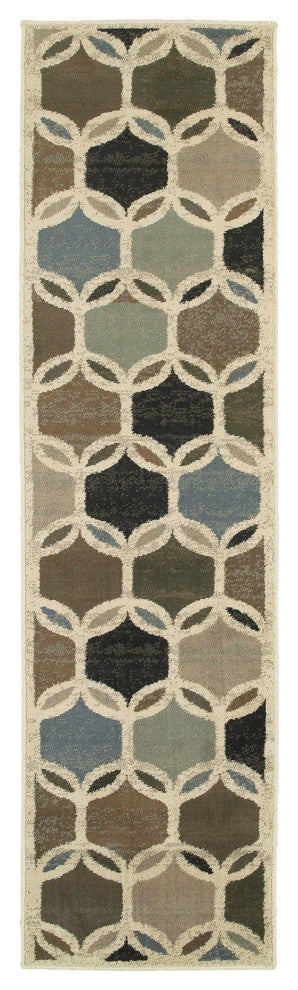 Ivory Gray Woven Geometric Circles Indoor Runner Rug
