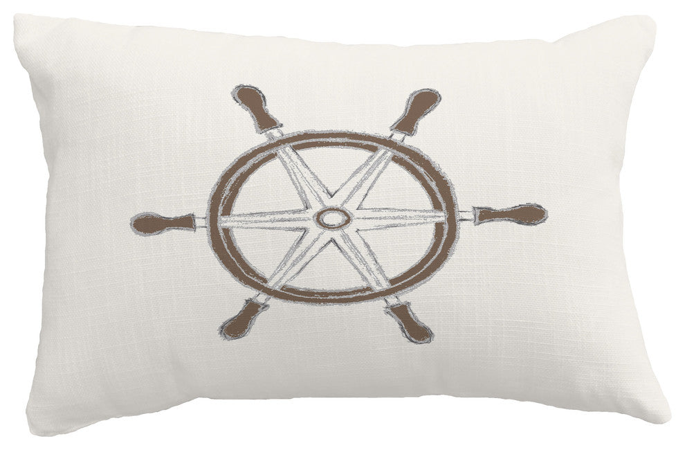 Ship Wheel Geometric Print Throw Pillow With Linen Texture, Ivory, 14"x20"