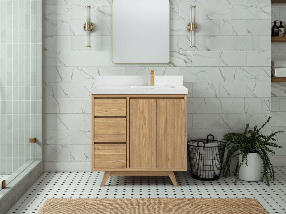 Madison Teak 36 Right Offset Bath Vanity in Light Natural 2" Empira Quartz