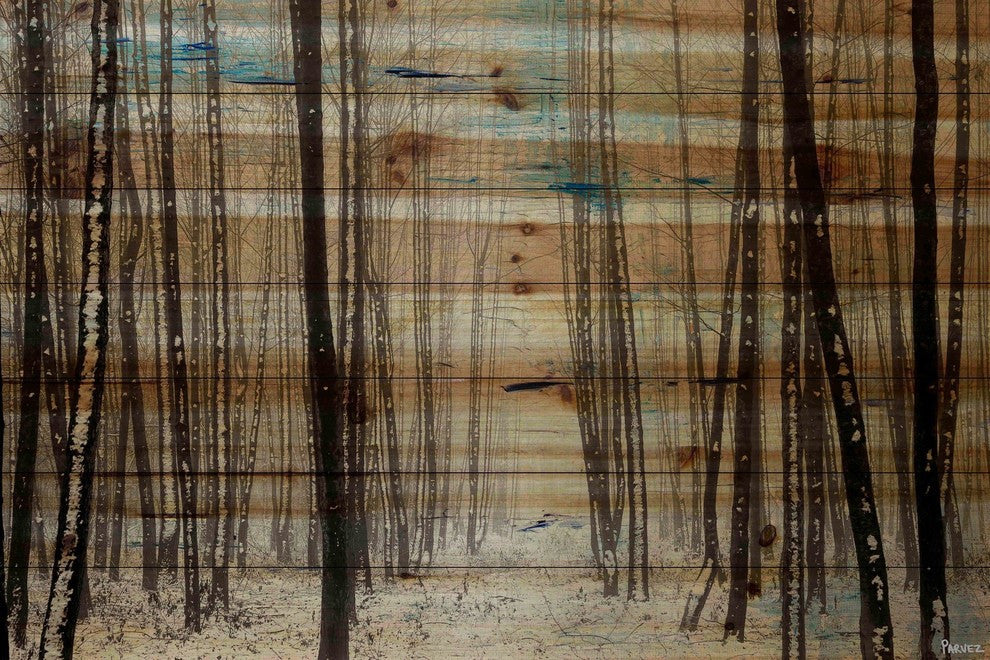 "Dark Thin Trees" Painting Print on Natural Pine Wood, 36"x24"