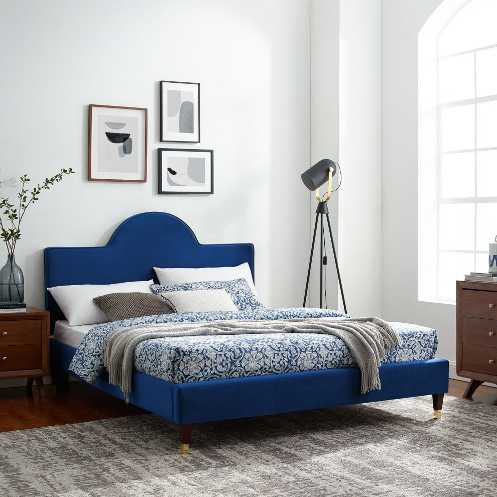 Platform Bed Frame, King Size, Blue Navy, Velvet, Modern, Bedroom Guest Suite