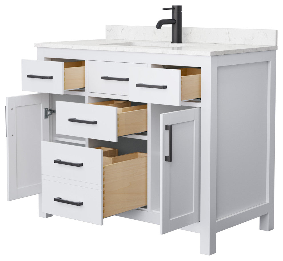 Beckett 42" White Single Vanity, Carrara Cultured Marble Top, Black Trim