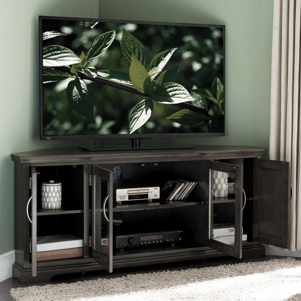 Riverstone Oak Corner TV Console with Glass Doors and Pewter Pulls