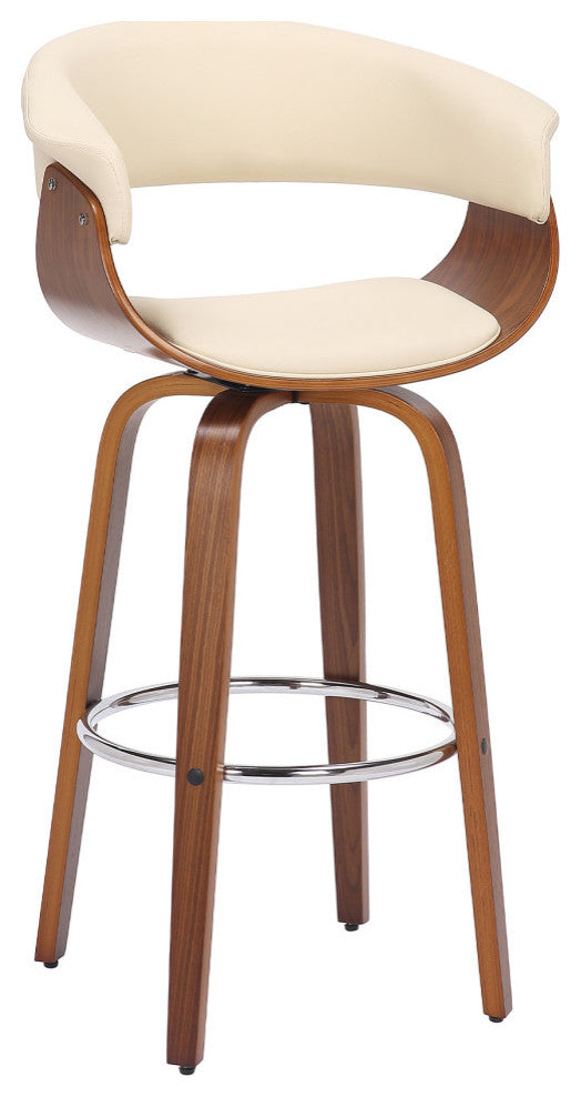 Julyssa Mid-Century Swivel Stool, Faux Leather, Walnut/Cream, Bar Height 30"