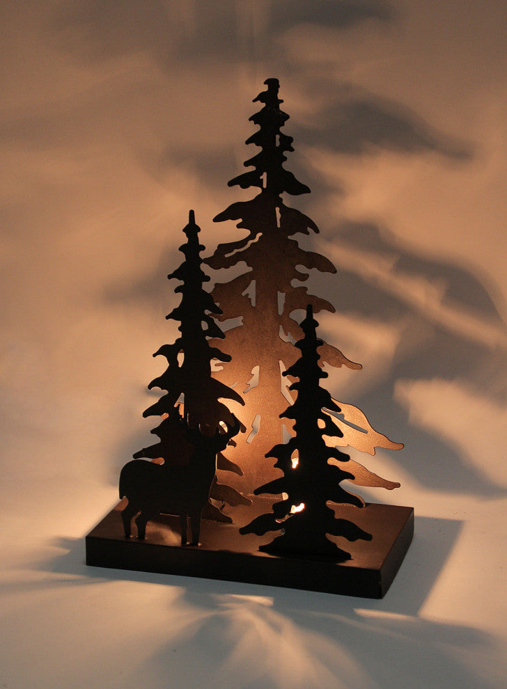 Rustic Brown Finished Metal Solo Buck Deer in Forest Silhouette Ambient Light